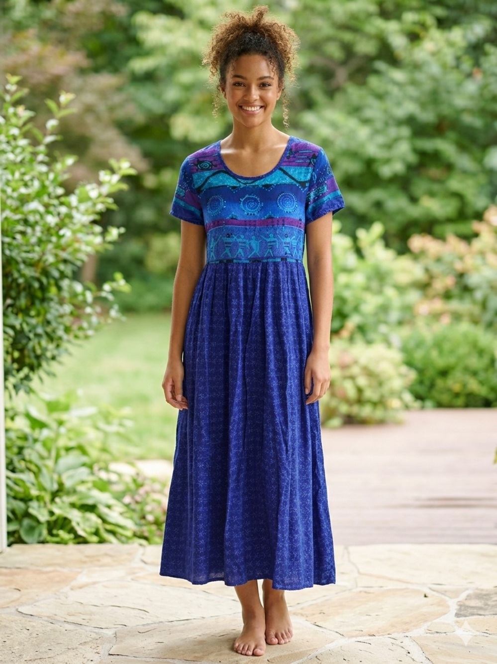 Short-Sleeve Teal & Blue Patterned Maxi Dress